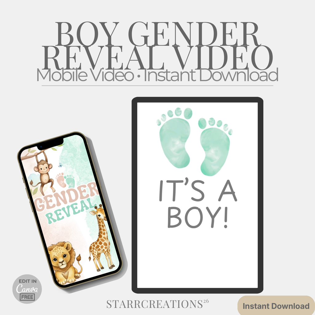 Baby Safari Boy Reveal Video | Animated Digital Download MP4  | Instant Mobile Editable