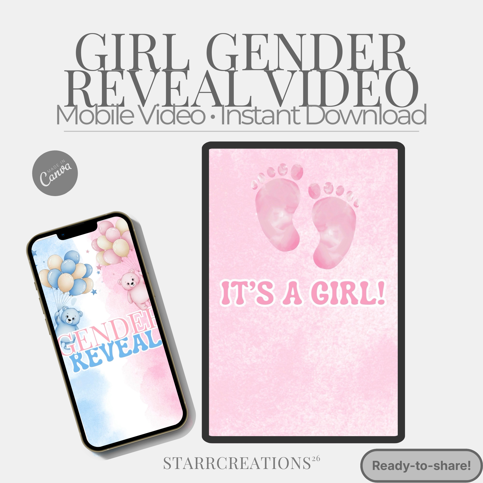Baby Girl Gender Reveal Video | Animated Digital Download MP4  | Instant Mobile Editable