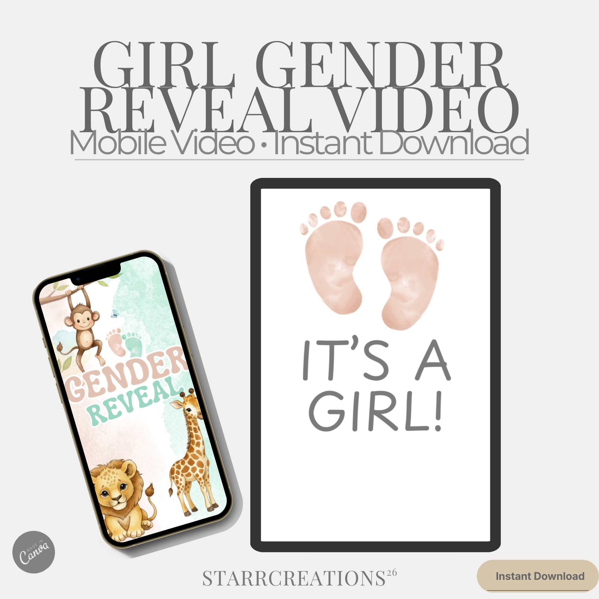 Safari Girl Gender Reveal Video, Editable Canva Template (Digital Download)