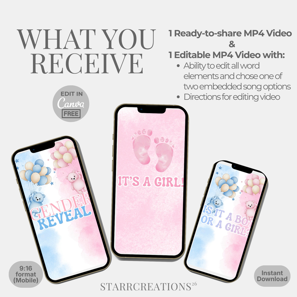 Baby Girl Gender Reveal Video | Animated Digital Download MP4  | Instant Mobile Editable