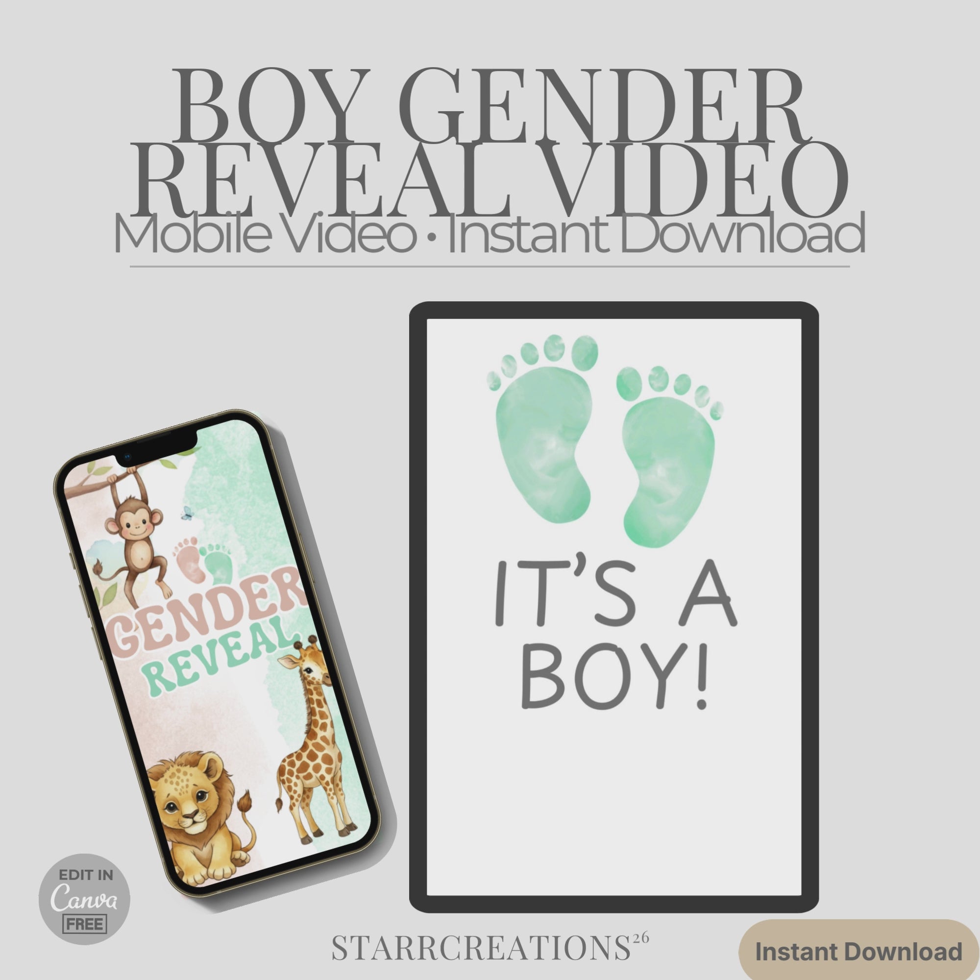 Baby Safari Boy Reveal Video | Animated Digital Download MP4  | Instant Mobile Editable