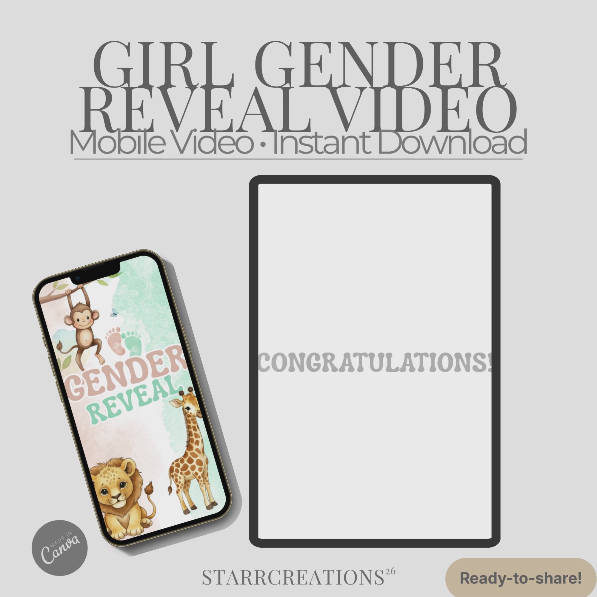Safari Girl Gender Reveal Video, Editable Canva Template (Digital Download)