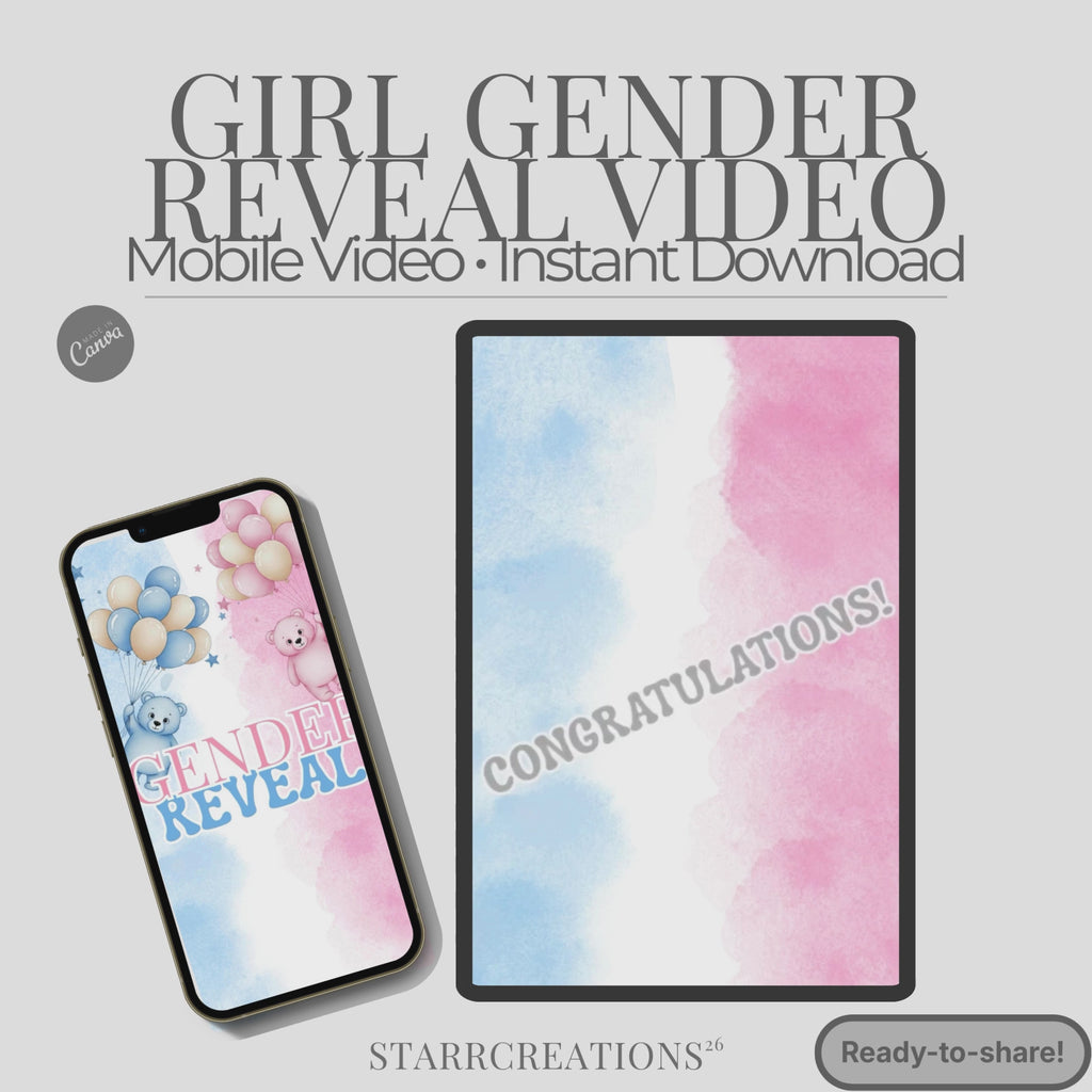 Baby Girl Gender Reveal Video | Animated Digital Download MP4  | Instant Mobile Editable