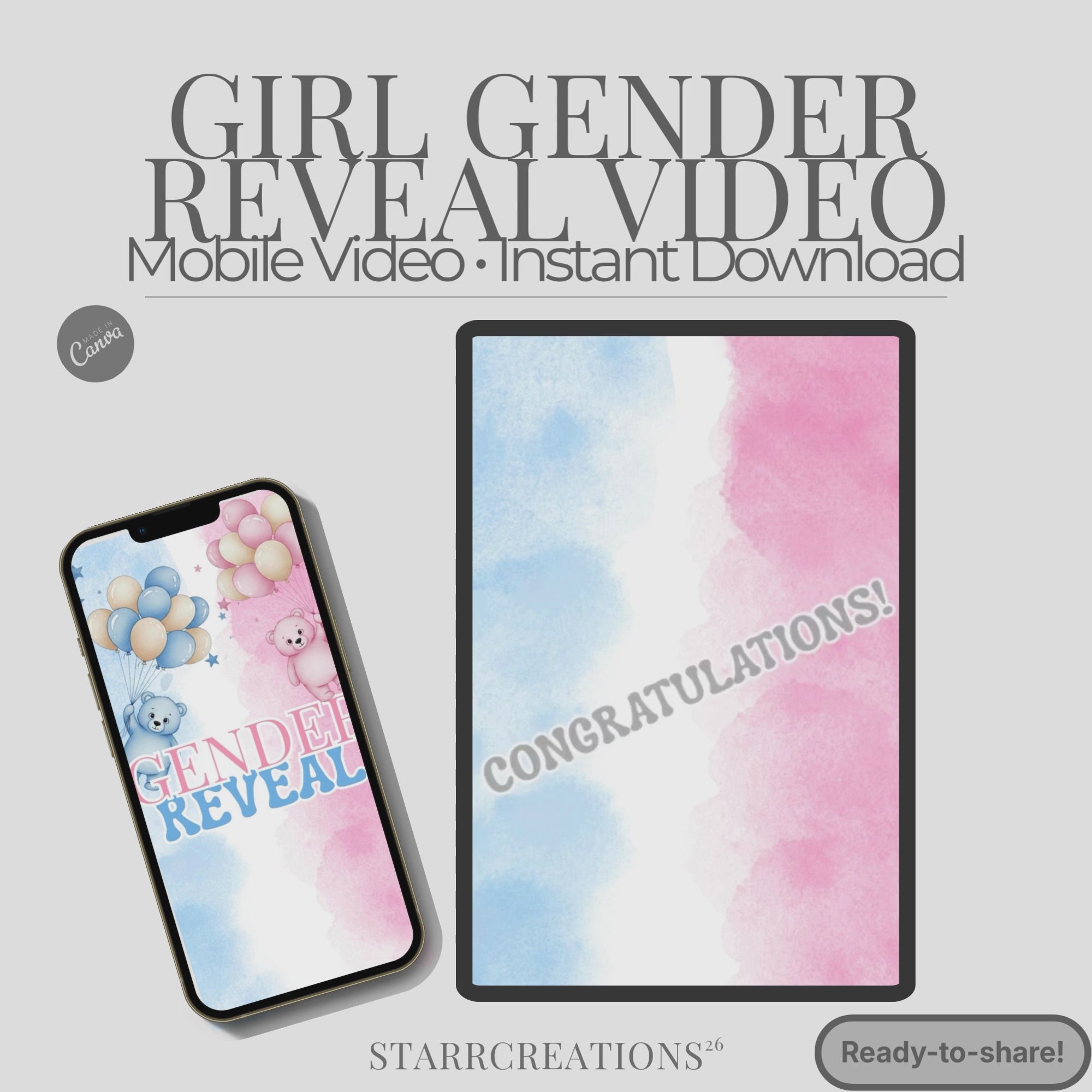 Baby Girl Gender Reveal Video | Animated Digital Download MP4  | Instant Mobile Editable